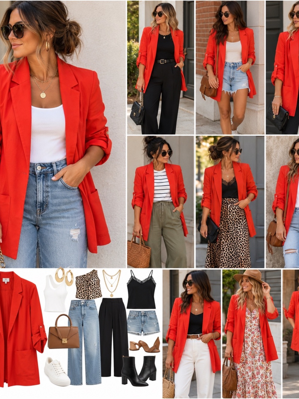 CHAUS New York Linen Blend Red Blazer Jacket Roll Tab Sleeve Women’s L